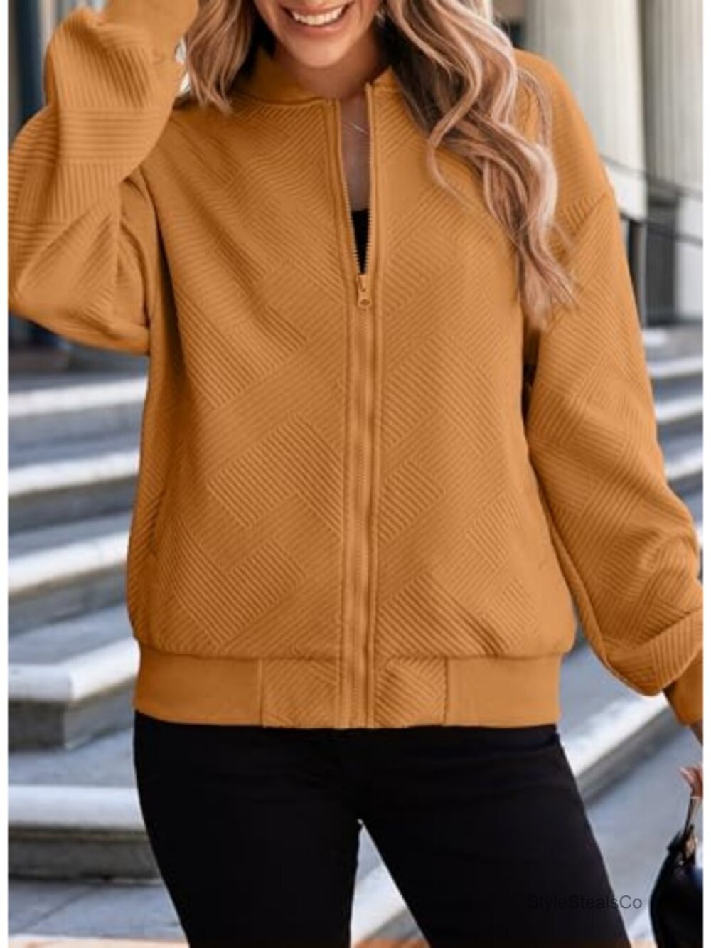 Women's Lightweight Bomber Jacket Casual Zip Up Coat with Slant Pockets - Picture 4 of 6